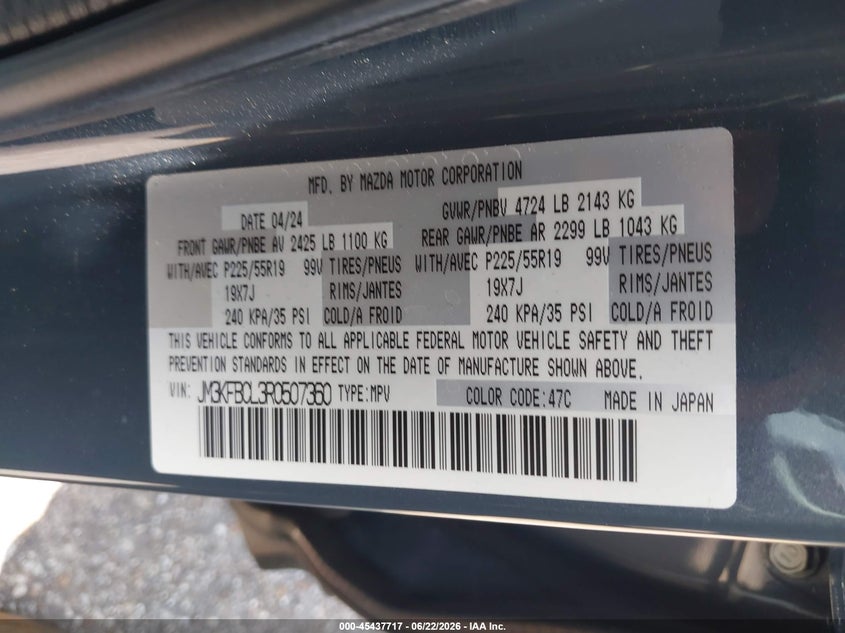 2024 Mazda Cx-5 VIN JM3KFBCL3R0507360 IAAI salvage auction — FRONT END, Original (Texas), sold $6,200 on 2026-08-26 (photo 9)