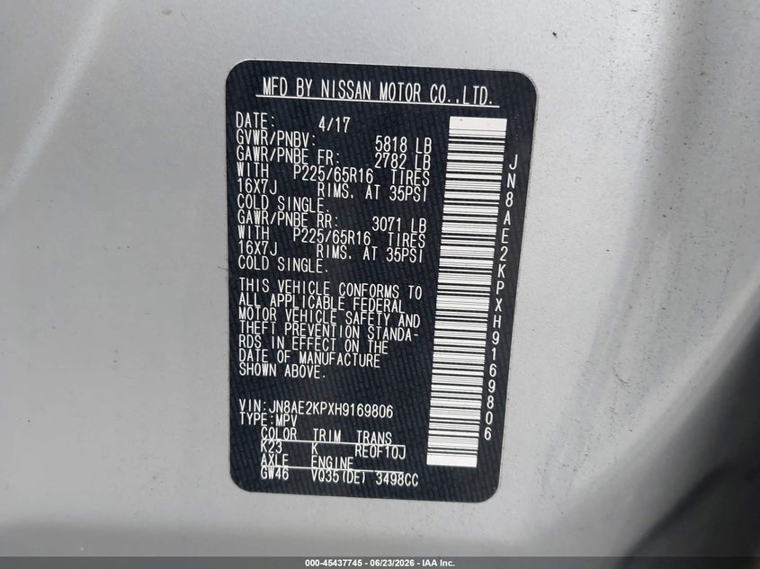 2017 Nissan Quest VIN JN8AE2KPXH9169806 IAAI salvage auction — NORMAL WEAR, Clear (New Jersey), sold $625 on 2026-07-21 (photo 9)