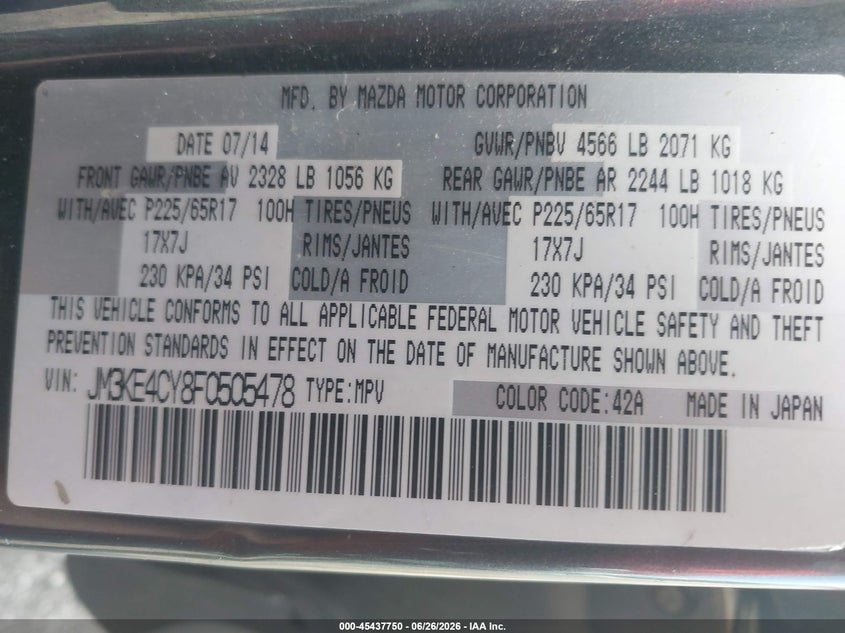 2015 Mazda Cx-5 VIN JM3KE4CY8F0505478 IAAI salvage auction — RIGHT SIDE, Salvage Title, sold $2,600 on 2026-07-17 (photo 9)
