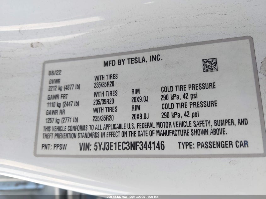 2022 Tesla Model 3 VIN 5YJ3E1EC3NF344146 IAAI salvage auction — RIGHT FRONT, Salvage (California), sold $6,700 on 2026-07-29 (photo 9)