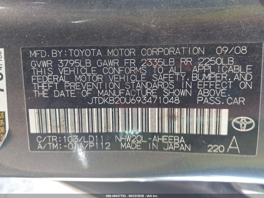 2009 Toyota Prius VIN JTDKB20U693471048 IAAI salvage auction — FRONT END, Salvage (North Carolina), sold $275 on 2026-07-20 (photo 9)