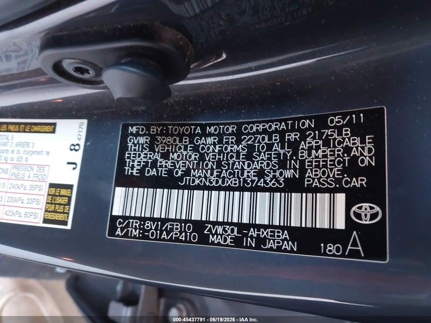 2011 Toyota Prius VIN JTDKN3DUXB1374363 IAAI salvage auction — FRONT END, Salvage (California), sold $1,200 on 2026-07-09 (photo 9)