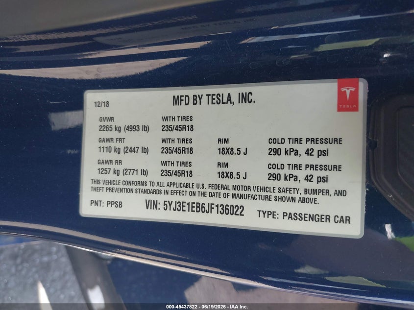 2018 Tesla Model 3 VIN 5YJ3E1EB6JF136022 IAAI salvage auction — FRONT END, Salvage Title, sold $7,600 on 2026-07-30 (photo 9)