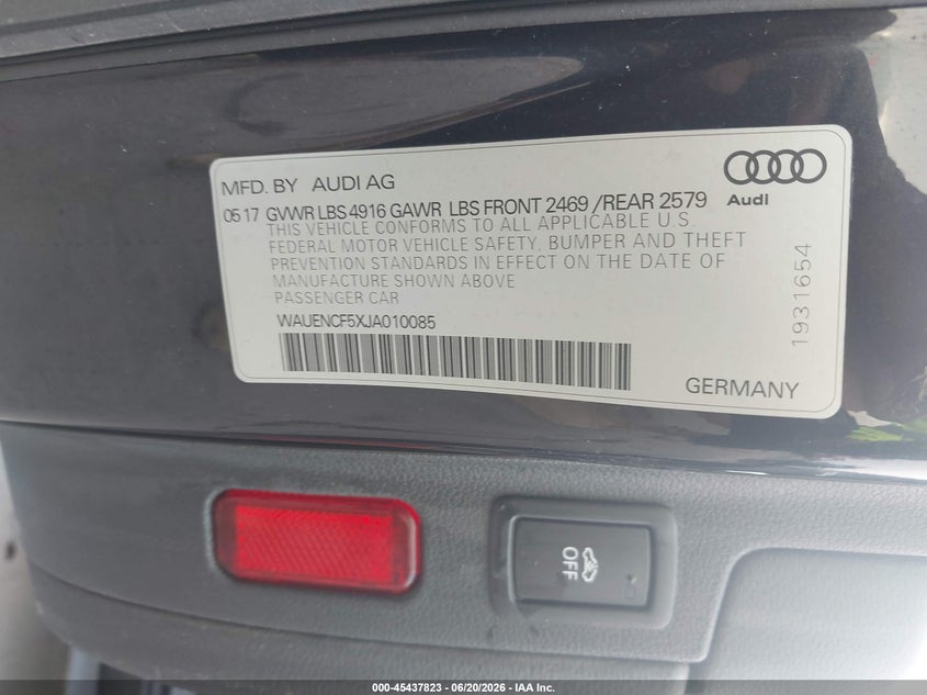 2018 Audi A5 VIN WAUENCF5XJA010085 IAAI salvage auction — NORMAL WEAR, Original (Texas), sold $6,050 on 2026-07-14 (photo 9)