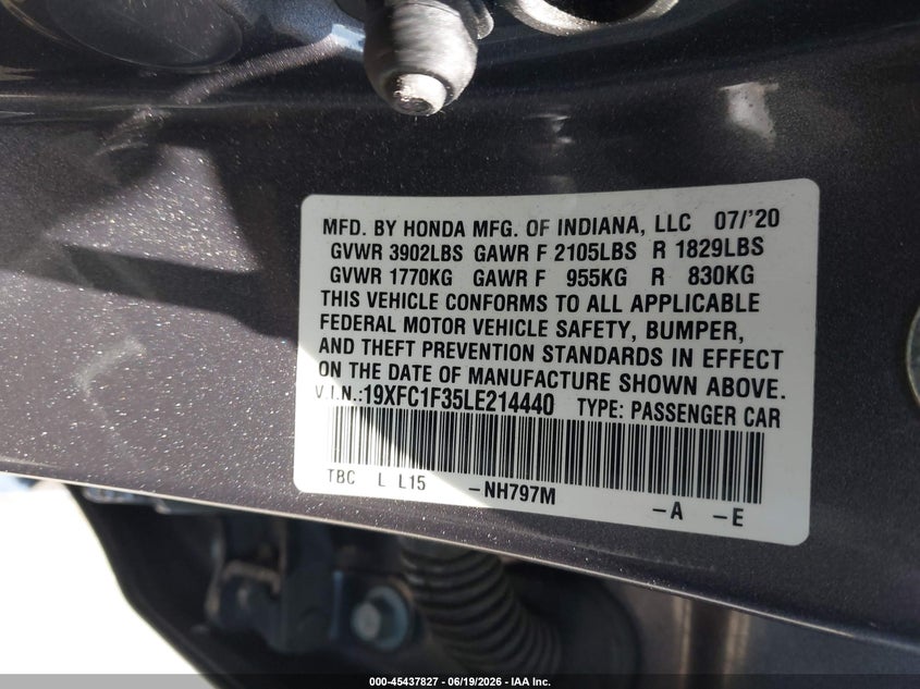 2020 Honda Civic VIN 19XFC1F35LE214440 IAAI salvage auction — FRONT END, Salvage Title, sold $6,100 on 2026-07-12 (photo 9)