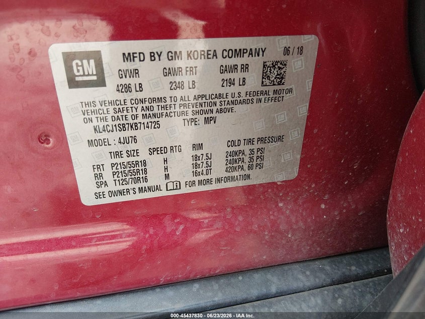 2019 Buick Encore VIN KL4CJ1SB7KB714725 IAAI salvage auction — RIGHT SIDE, Salvage (North Carolina), sold $450 on 2026-07-27 (photo 9)