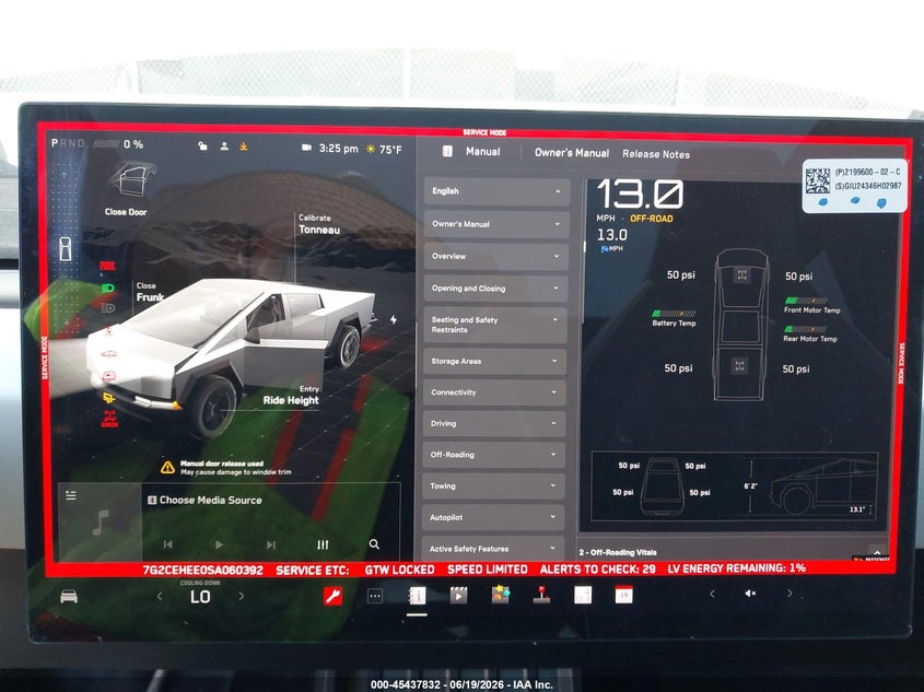 2025 Tesla Cybertruck VIN 7G2CEHEE0SA060392 IAAI salvage auction — ELECTRICAL, Salvage Title, sold $25,250 on 2026-07-22 (photo 7)