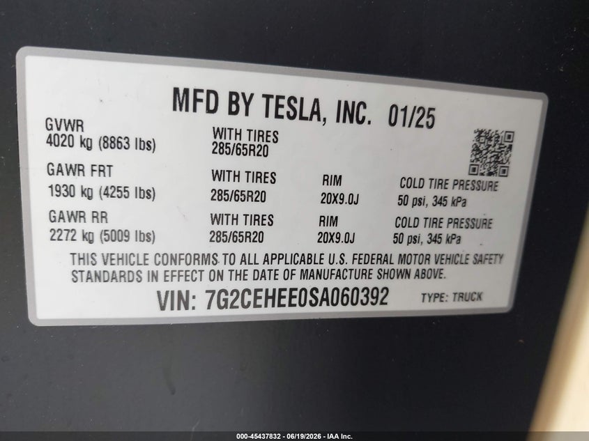 2025 Tesla Cybertruck VIN 7G2CEHEE0SA060392 IAAI salvage auction — ELECTRICAL, Salvage Title, sold $25,250 on 2026-07-22 (photo 9)