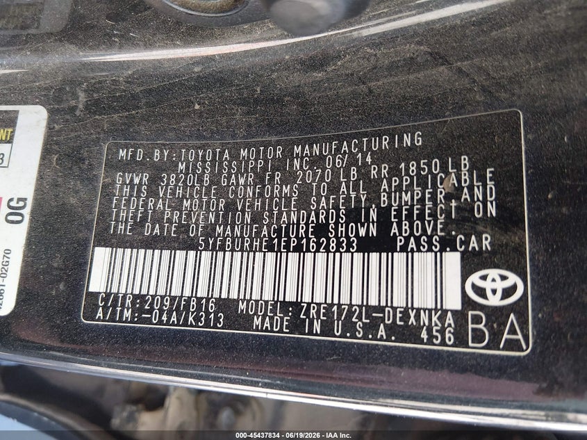 2014 Toyota Corolla VIN 5YFBURHE1EP162833 IAAI salvage auction — NORMAL WEAR, Clear (New Mexico), sold $1,675 on 2026-07-29 (photo 9)