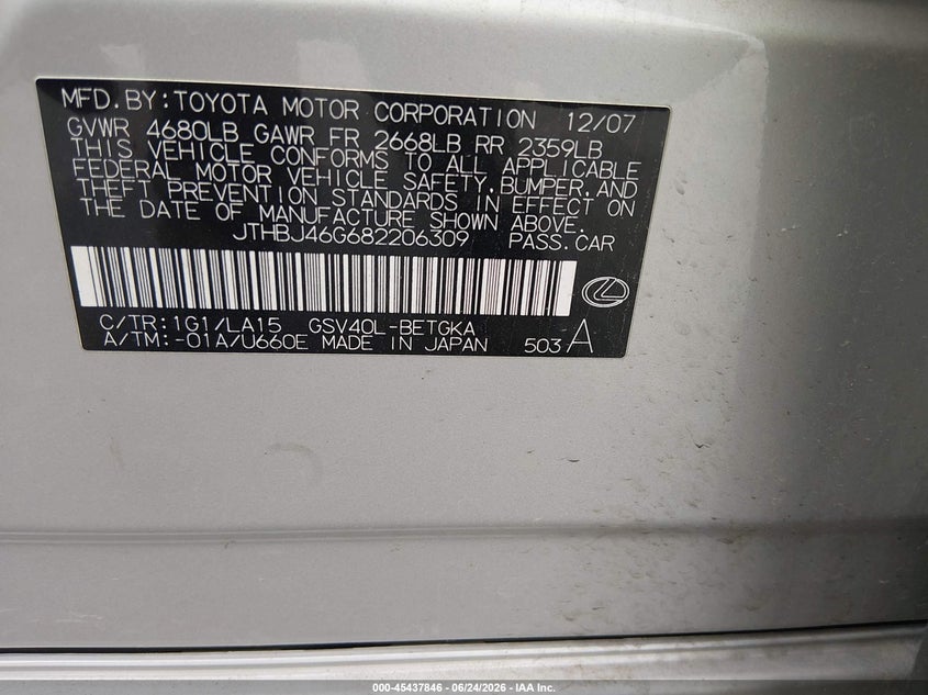 2008 Lexus Es 350 VIN JTHBJ46G682206309 IAAI salvage auction — FRONT END, Salvage (Illinois), sold $700 on 2026-07-28 (photo 9)