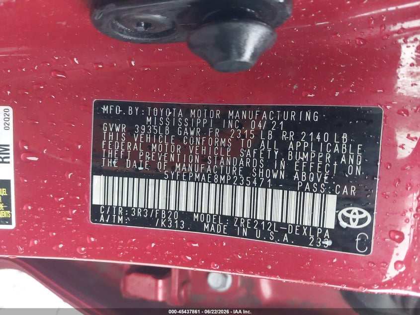 2021 Toyota Corolla VIN 5YFEPMAE8MP235471 IAAI salvage auction — BIO HAZARD, Salvage Title, sold $3,500 on 2026-07-14 (photo 9)