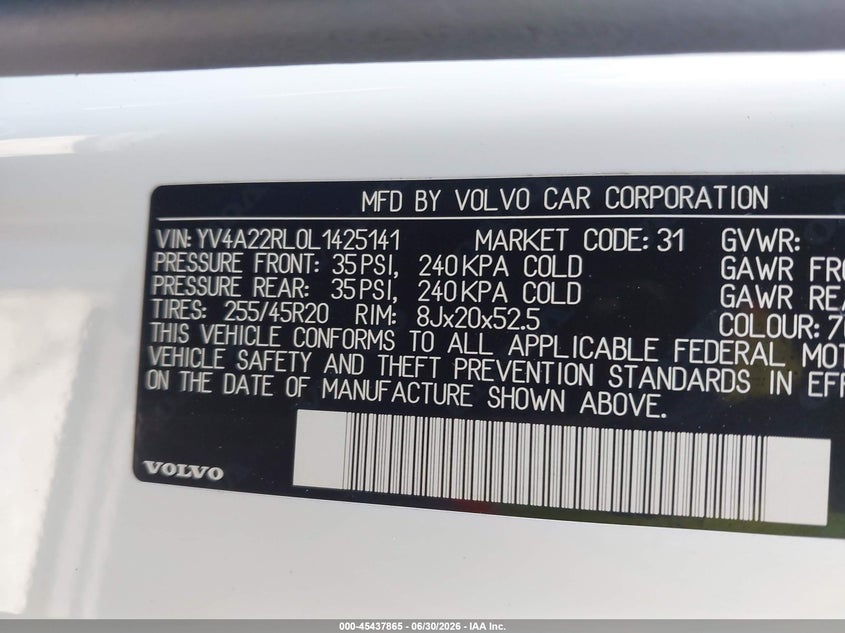 2020 Volvo Xc60 VIN YV4A22RL0L1425141 IAAI salvage auction — REAR END, Rebuildable (Florida), sold $15,200 on 2026-07-10 (photo 9)