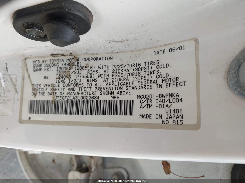 2001 Toyota Highlander VIN JTEGF21A310022684 IAAI salvage auction — NORMAL WEAR, Salvage (California), sold $525 on 2026-07-09 (photo 9)