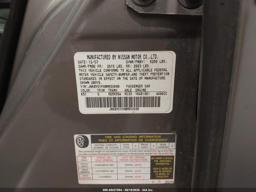 2008 Infiniti M45 VIN JNKBY01FX8M550698 IAAI salvage auction — ENGINE DAMAGE, Clear (Colorado), sold $200 on 2026-07-22 (photo 9)