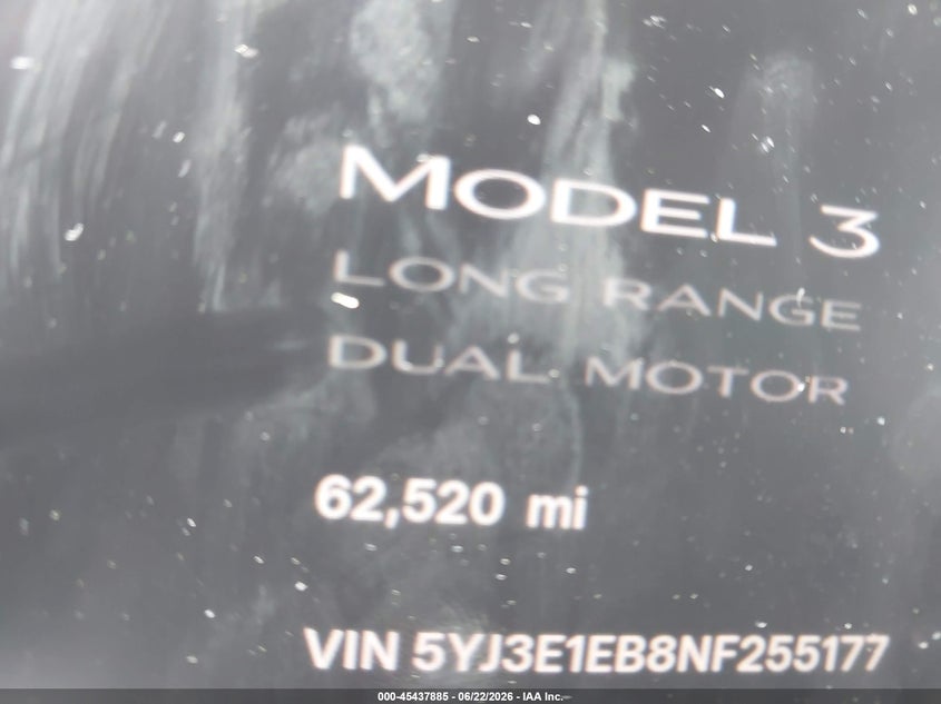 2022 Tesla Model 3 VIN 5YJ3E1EB8NF255177 IAAI salvage auction — FRONT END, Salvage Title, sold $8,700 on 2026-07-23 (photo 7)