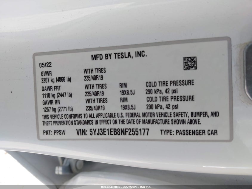 2022 Tesla Model 3 VIN 5YJ3E1EB8NF255177 IAAI salvage auction — FRONT END, Salvage Title, sold $8,700 on 2026-07-23 (photo 9)