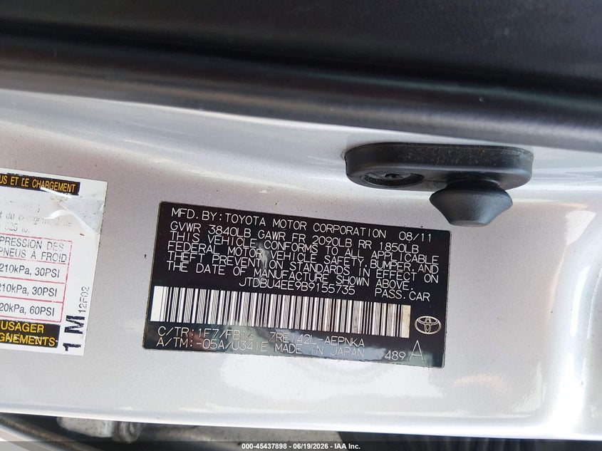 2011 Toyota Corolla VIN JTDBU4EE9B9155735 IAAI salvage auction — FRONT END, Rebuildable (Florida), sold $1,175 on 2026-07-23 (photo 9)