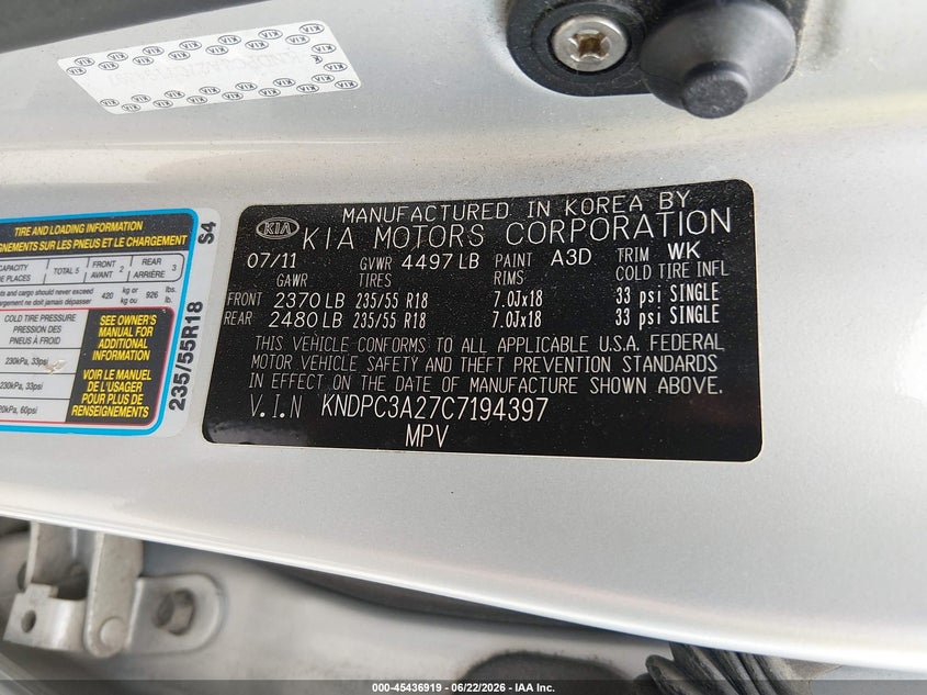 2012 Kia Sportage VIN KNDPC3A27C7194397 IAAI salvage auction — FRONT END, Salvage (Pennsylvania), sold $1,200 on 2026-07-10 (photo 9)