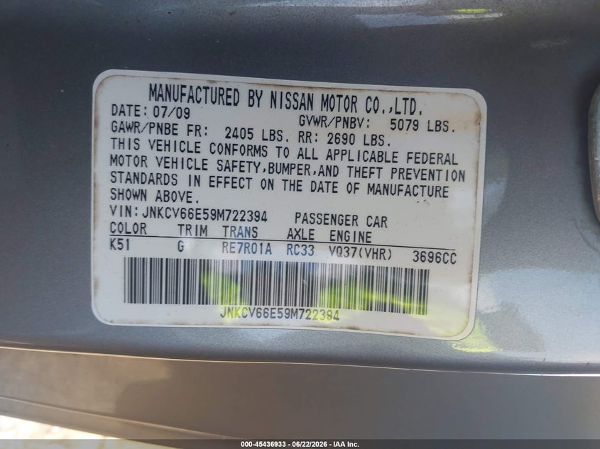 2009 Infiniti G37 VIN JNKCV66E59M722394 IAAI salvage auction — ELECTRICAL, Salvage (Tennessee), sold $1,300 on 2026-07-22 (photo 9)