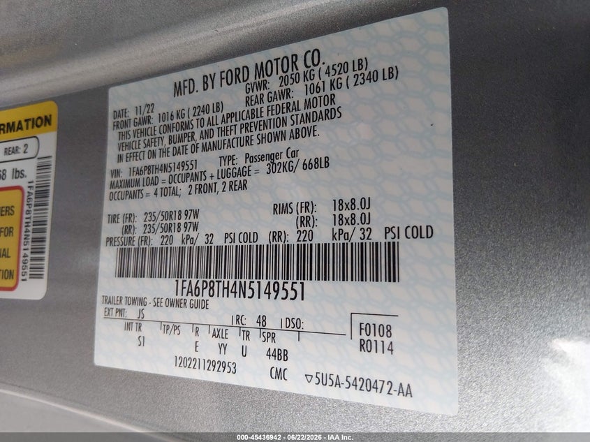 2022 Ford Mustang VIN 1FA6P8TH4N5149551 IAAI salvage auction — LEFT SIDE, Salvage Title, sold $5,600 on 2026-07-23 (photo 9)