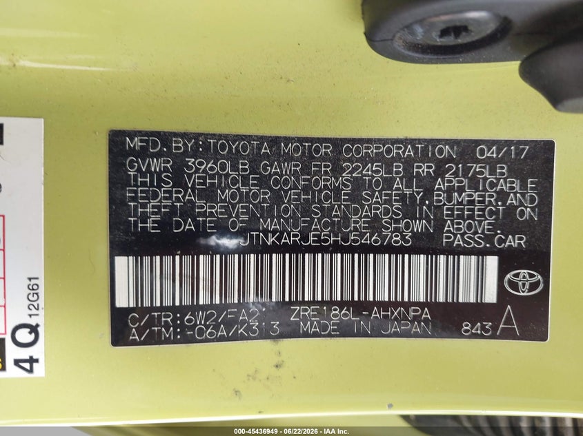 2017 Toyota Corolla VIN JTNKARJE5HJ546783 IAAI salvage auction — HAIL, Clear (Wisconsin), sold $525 on 2026-07-29 (photo 9)