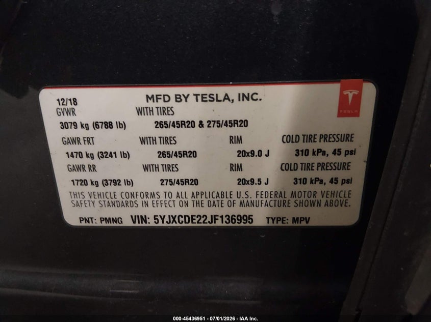 2018 Tesla Model x VIN 5YJXCDE22JF136995 IAAI salvage auction — NORMAL WEAR, Clear (Minnesota), sold $5,500 on 2026-07-14 (photo 9)
