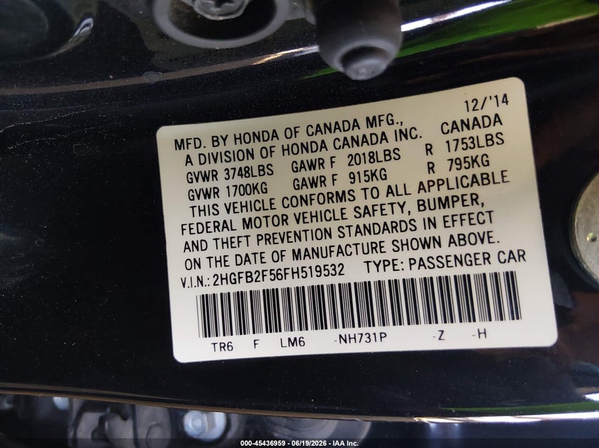 2015 Honda Civic VIN 2HGFB2F56FH519532 IAAI salvage auction — RIGHT SIDE, Salvage Title, sold $2,050 on 2026-08-03 (photo 9)