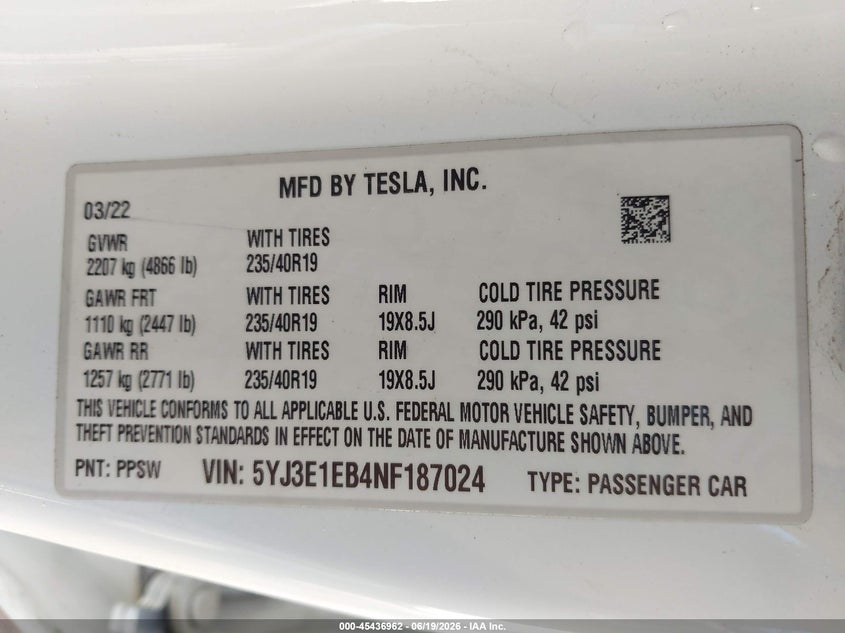 2022 Tesla Model 3 VIN 5YJ3E1EB4NF187024 IAAI salvage auction — REAR END, Salvage (Arizona), sold $10,600 on 2026-07-14 (photo 9)