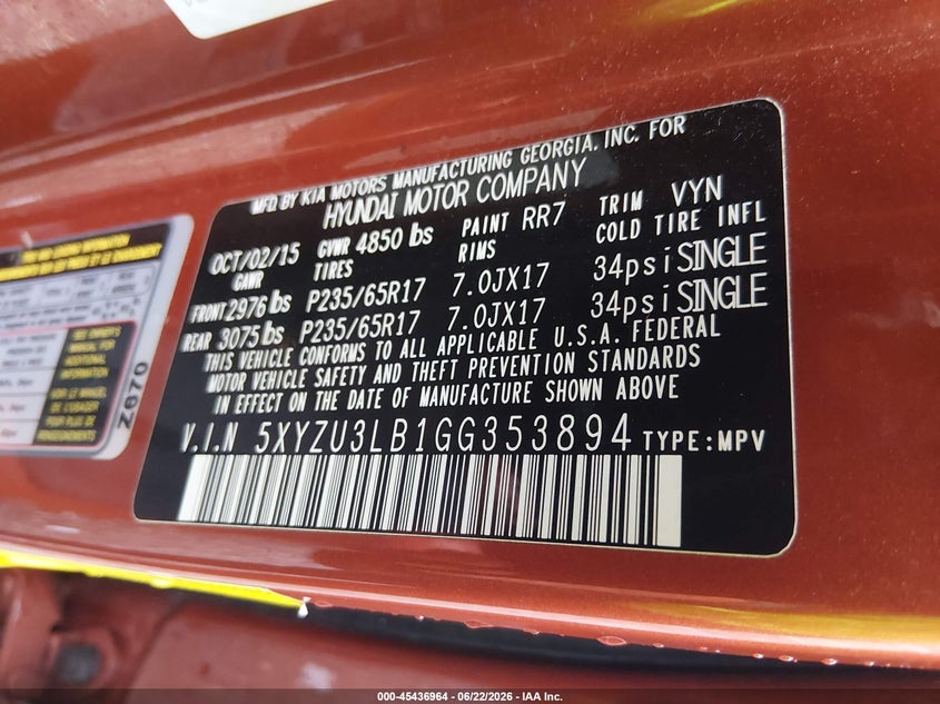 2016 Hyundai VIN 5XYZU3LB1GG353894 IAAI salvage auction — FRONT END, Clear (Indiana), sold $3,000 on 2026-07-22 (photo 9)