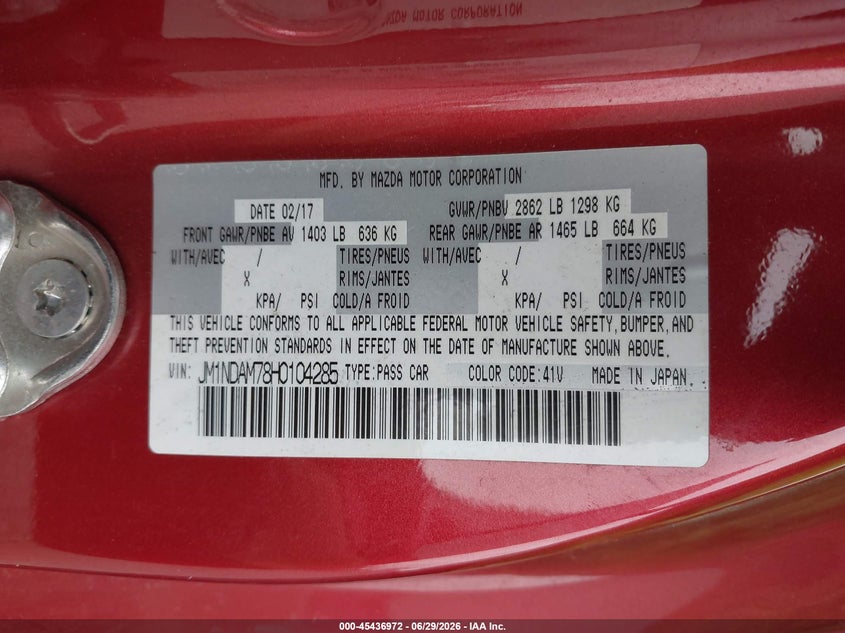 2017 Mazda Mx-5 VIN JM1NDAM78H0104285 IAAI salvage auction — REAR END, Bill Of Sale (Washington), sold $6,500 on 2026-07-12 (photo 9)
