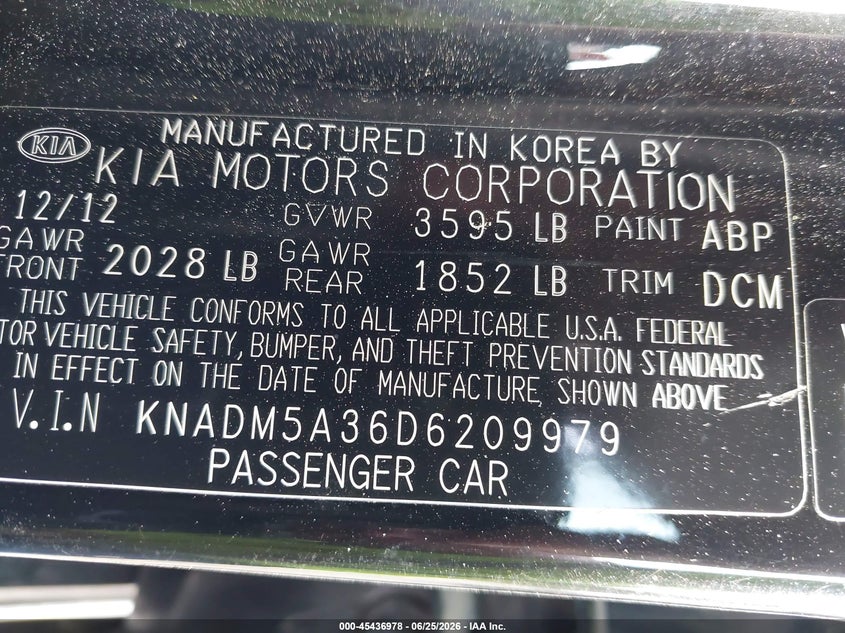 2013 Kia Rio VIN KNADM5A36D6209979 IAAI salvage auction — LEFT FRONT, Salvage (North Carolina), sold $975 on 2026-09-03 (photo 9)