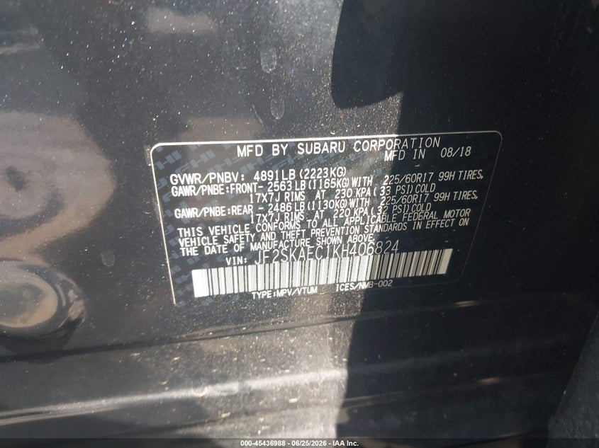 2019 Subaru Forester VIN JF2SKAEC1KH406824 IAAI salvage auction — REAR END, Salvage (North Carolina), sold $1,650 on 2026-07-23 (photo 9)