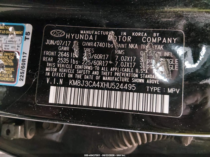 2017 Hyundai Tucson VIN KM8J3CA4XHU524495 IAAI salvage auction — FRONT END, Salvage Title, sold $1,150 on 2026-07-24 (photo 9)