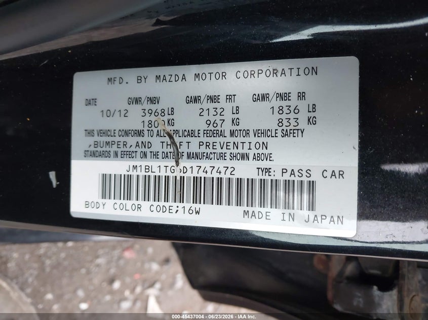 2013 Mazda VIN JM1BL1TG6D1747472 IAAI salvage auction — RIGHT FRONT, Salvage (Pennsylvania), sold $400 on 2026-07-08 (photo 9)