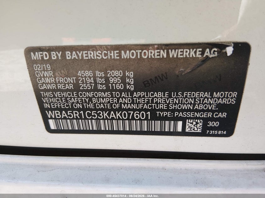 2019 BMW 3er VIN WBA5R1C53KAK07601 IAAI salvage auction — FRONT END, Salvage Title, sold $10,800 on 2026-08-02 (photo 9)