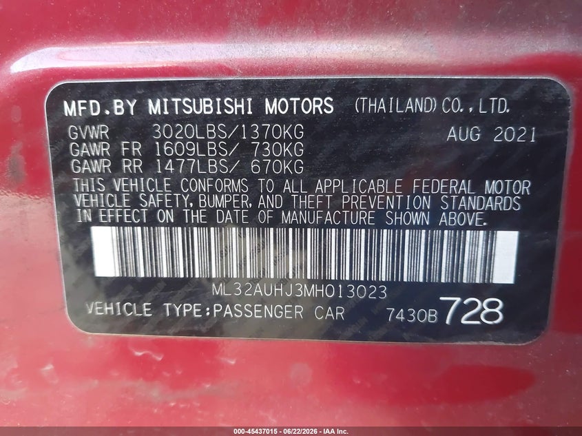 2021 Mitsubishi Mirage VIN ML32AUHJ3MH013023 IAAI salvage auction — FRONT & REAR, Salvage Title, sold $825 on 2026-07-28 (photo 9)