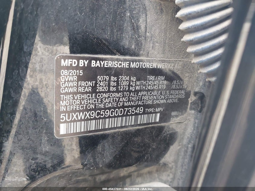 2016 BMW X3 VIN 5UXWX9C59G0D73549 IAAI salvage auction — FRONT END, Salvage (Illinois), sold $25 on 2026-07-29 (photo 9)