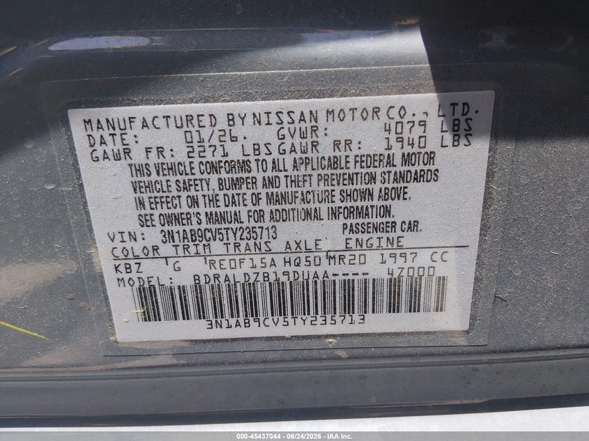 2026 Nissan Sentra VIN 3N1AB9CV5TY235713 IAAI salvage auction — SIDE, Salvage Title, sold $5,900 on 2026-07-29 (photo 9)