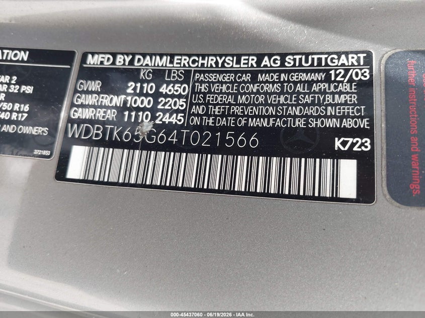 2004 Mercedes-benz Clk-class VIN WDBTK65G64T021566 IAAI salvage auction — LEFT SIDE, Salvage (Idaho), sold $450 on 2026-07-15 (photo 9)