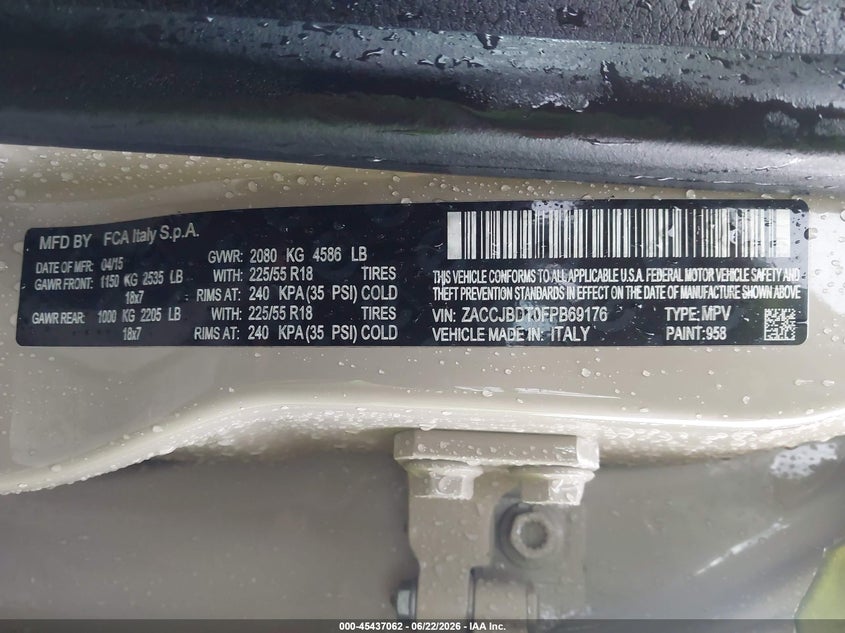 2015 Jeep Renegade VIN ZACCJBDT0FPB69176 IAAI salvage auction — RIGHT FRONT, Salvage (Pennsylvania), sold $1,575 on 2026-07-07 (photo 9)