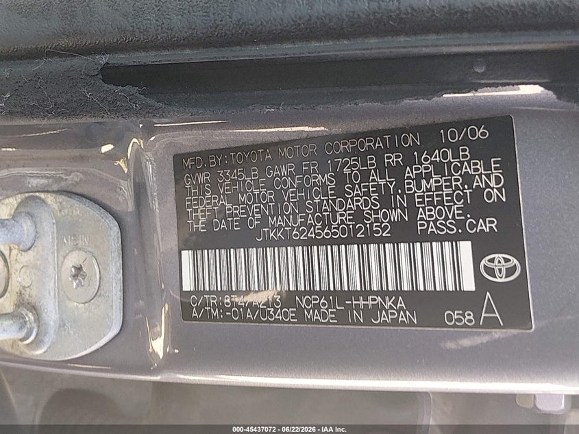 2006 Scion Xa VIN JTKKT624565012152 IAAI salvage auction — FRONT END, Bill Of Sale (Washington), sold $400 on 2026-07-22 (photo 9)