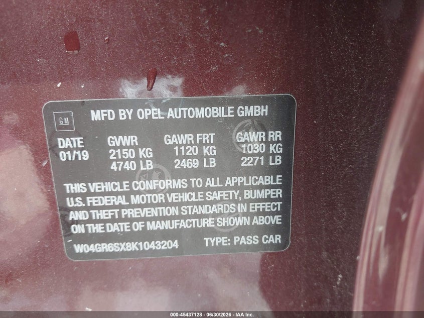 2019 Buick Regal VIN W04GR6SX8K1043204 IAAI salvage auction — FRONT END, Clear (Wisconsin), sold $5,100 on 2026-07-16 (photo 9)