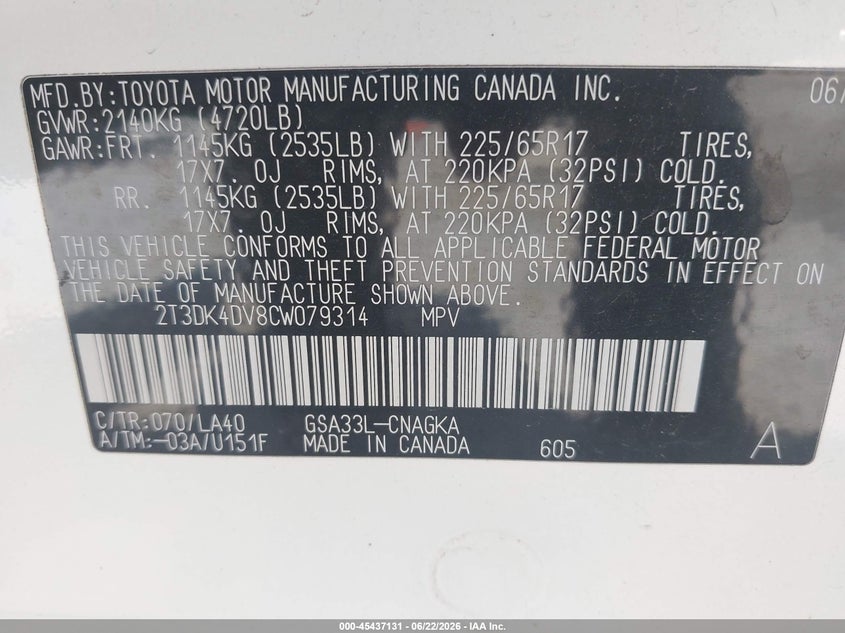 2012 Toyota Rav 4 VIN 2T3DK4DV8CW079314 IAAI salvage auction — RIGHT FRONT, Salvage Title, sold $1,500 on 2026-07-19 (photo 9)