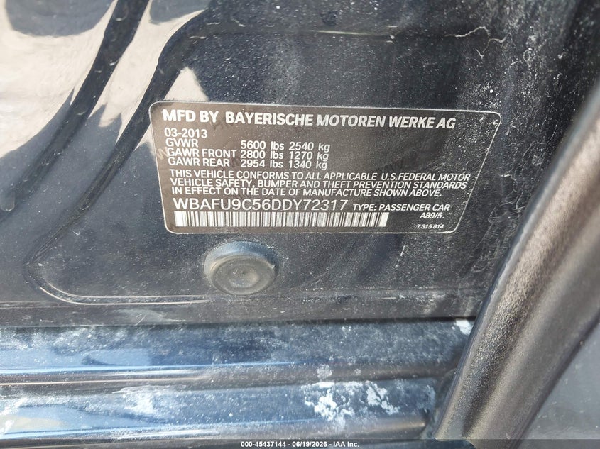 2013 BMW 5er VIN WBAFU9C56DDY72317 IAAI salvage auction — FRONT END, Salvage - Greater Than 75% (Maryland), sold $2,650 on 2026-07-16 (photo 9)
