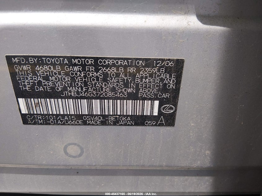 2007 Lexus Es 350 VIN JTHBJ46G372085463 IAAI salvage auction — NORMAL WEAR, Clear (South Carolina), sold $875 on 2026-07-29 (photo 9)