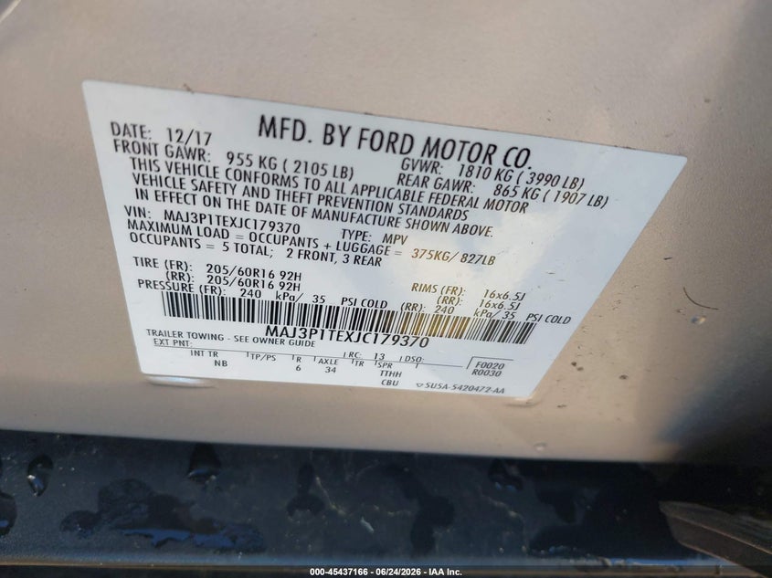 2018 Ford Ecosport VIN MAJ3P1TEXJC179370 IAAI salvage auction — FRONT END, Mv-907A (New York), sold $1,750 on 2026-07-07 (photo 9)