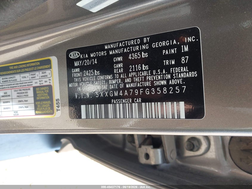 2015 Kia Optima VIN 5XXGM4A79FG358257 IAAI salvage auction — SIDE, Salvage Title, sold $1,100 on 2026-07-24 (photo 9)
