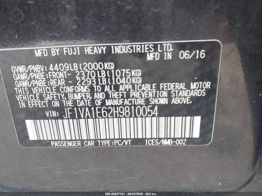 2017 Subaru Wrx VIN JF1VA1E62H9810054 IAAI salvage auction — RIGHT SIDE, Salvage (Pennsylvania), sold $4,400 on 2026-07-15 (photo 9)