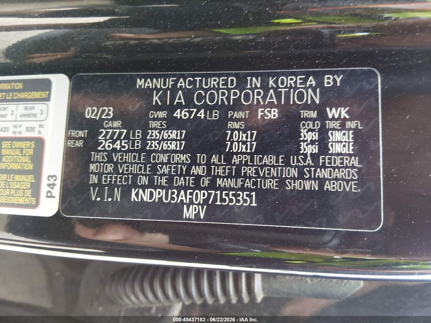 2023 Kia Sportage VIN KNDPU3AF0P7155351 IAAI salvage auction — FRONT END, Salvage Title, sold $5,650 on 2026-07-31 (photo 9)