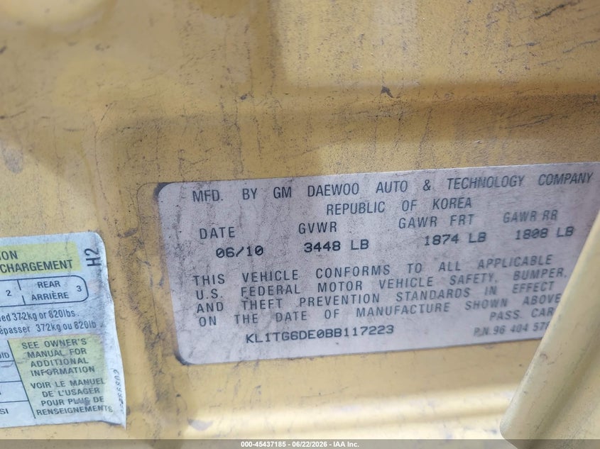2011 Chevrolet Aveo VIN KL1TG6DE0BB117223 IAAI salvage auction — NORMAL WEAR, Original (Ohio), sold $375 on 2026-07-21 (photo 9)